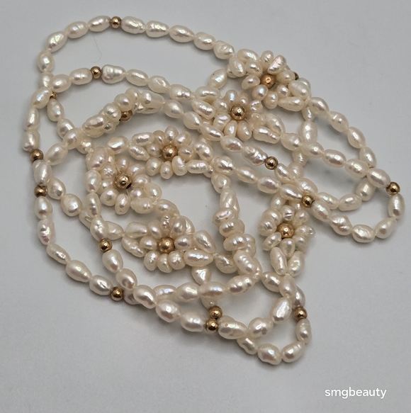 Baroque Freshwater Pearl Necklace 14K Gold Beads Floral Accents 34" - Picture 12 of 15